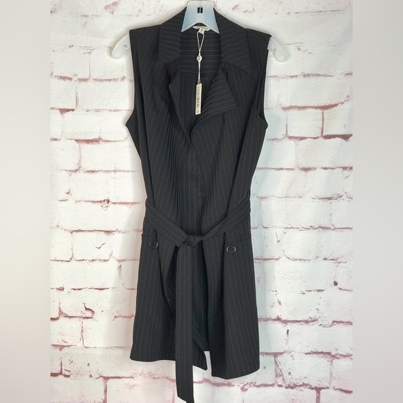 MAX STUDIO Pinstripe belted Twill Drape Vest Dress NWT Black & Grey XS Runs big - Picture 3 of 15